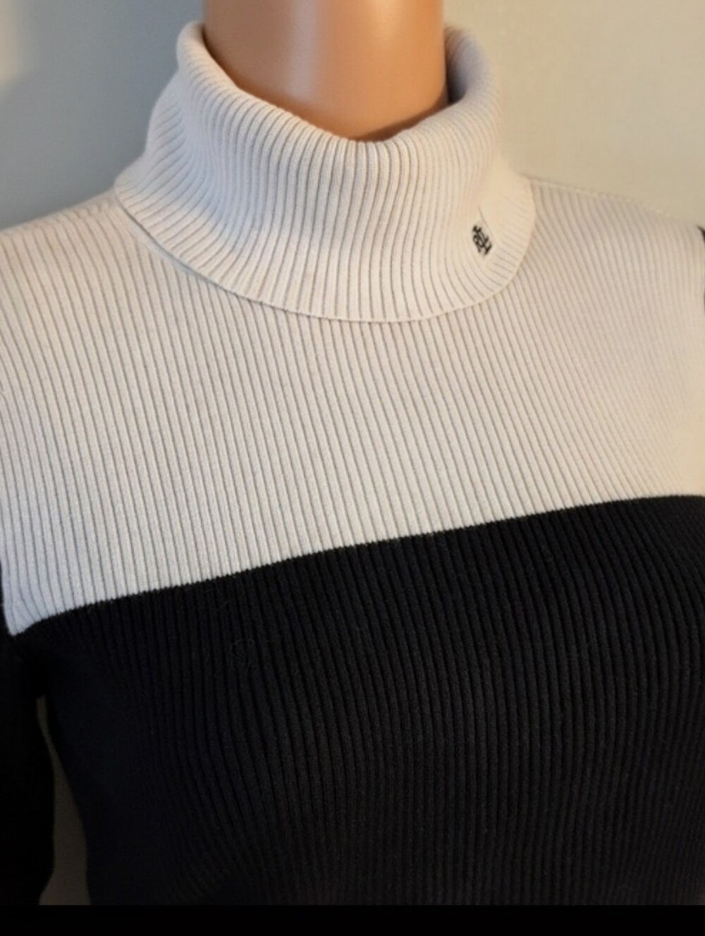 Lauren Ralph Lauren Black Ivory Colorblock Ribbed Turtleneck Sweater Large - Picture 4 of 14